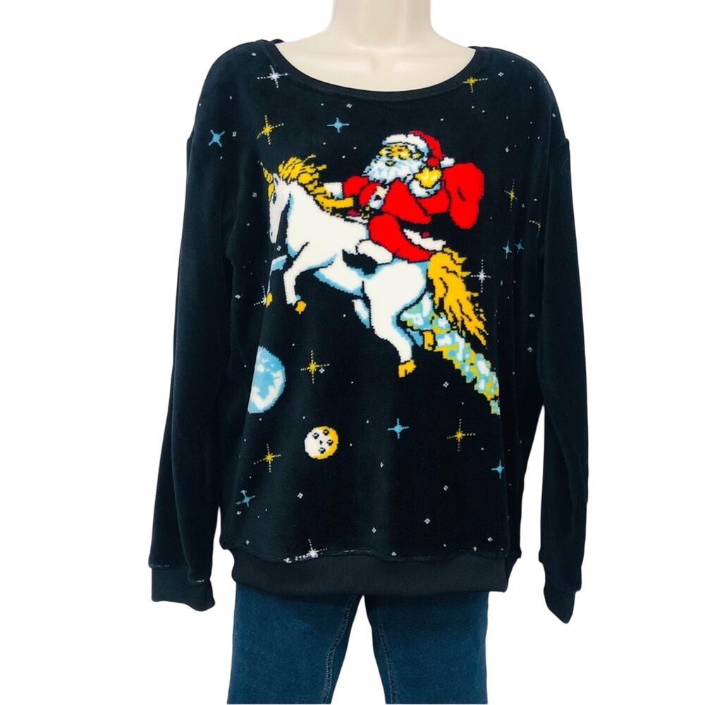 NWOT Fifth Sun Santa on a Unicorn in the Universe Black Fleece Top Long Sleeve - Picture 16 of 16